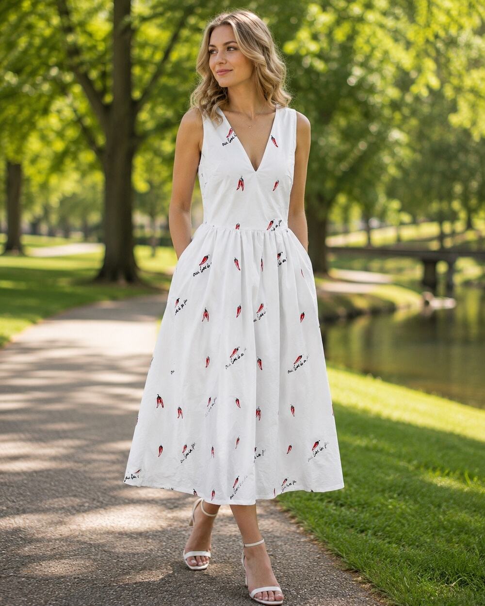 Anthropologie Endless Rose Deep V Cotton Open Back Chili Pepper Sundress. Size S